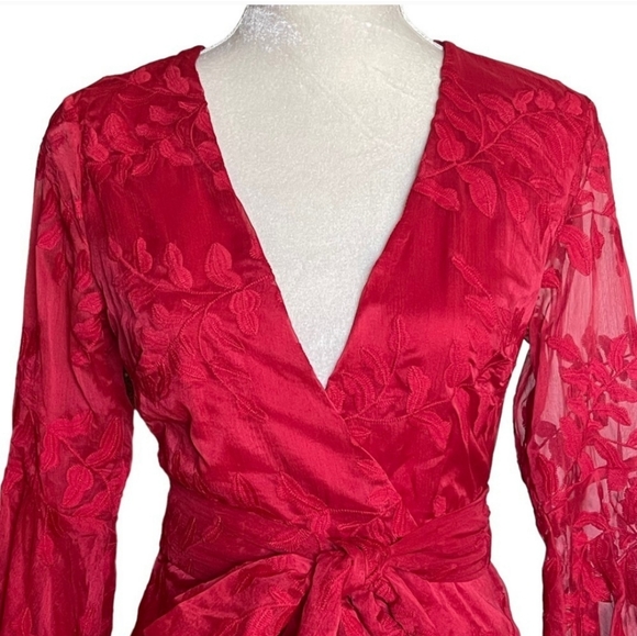 Hello Molly Long Sleeve Red Plunge I Hear A Rumor Ruffle Mini Dress Small Ruffle - Picture 5 of 8